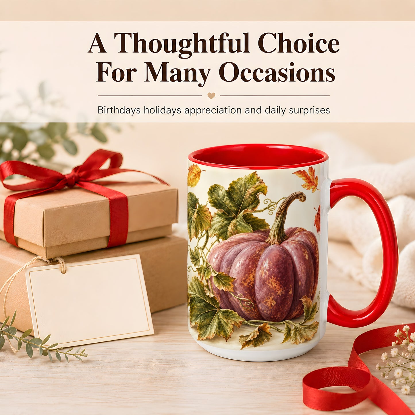 #pl[15oz|Red] Rustic Mauve Pumpkin Coffee Mug, Autumn Leaves Mug, Ceramic Cup