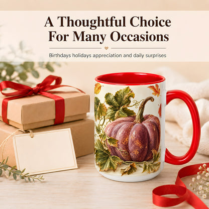 #pl[15oz|Red] Rustic Mauve Pumpkin Coffee Mug, Autumn Leaves Mug, Ceramic Cup