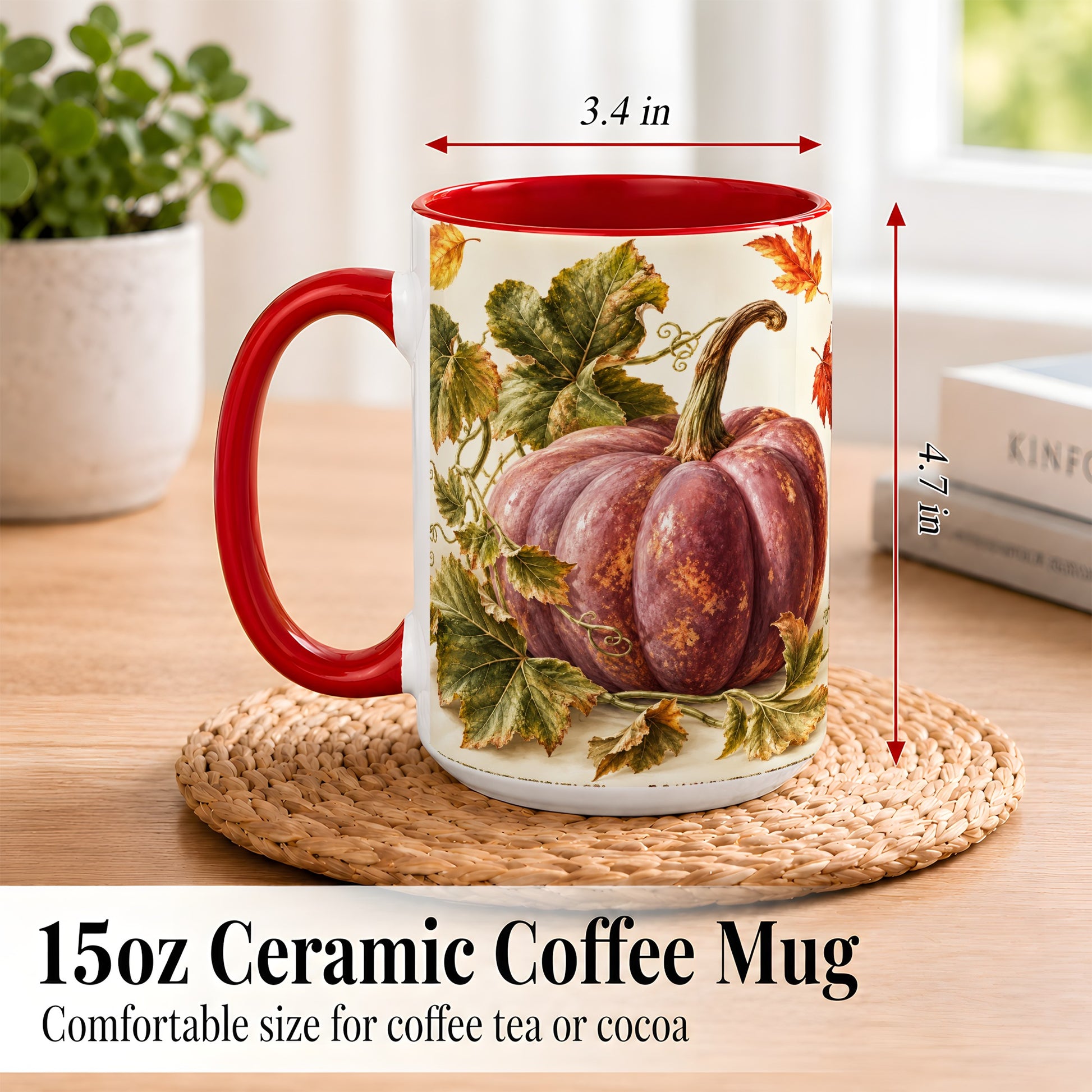 #pl[15oz|Red] Rustic Mauve Pumpkin Coffee Mug, Autumn Leaves Mug, Ceramic Cup