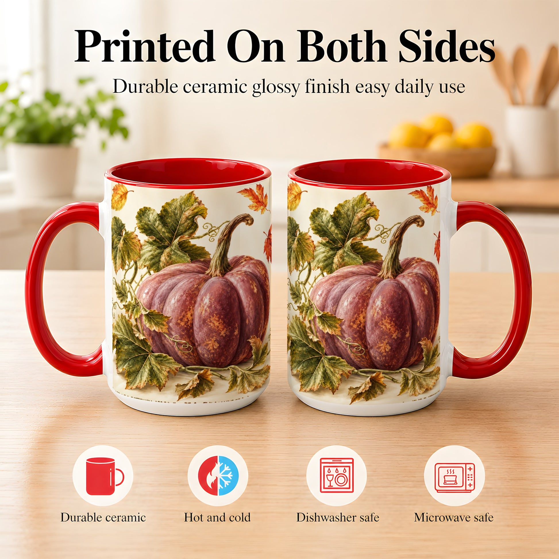 #pl[15oz|Red] Rustic Mauve Pumpkin Coffee Mug, Autumn Leaves Mug, Ceramic Cup