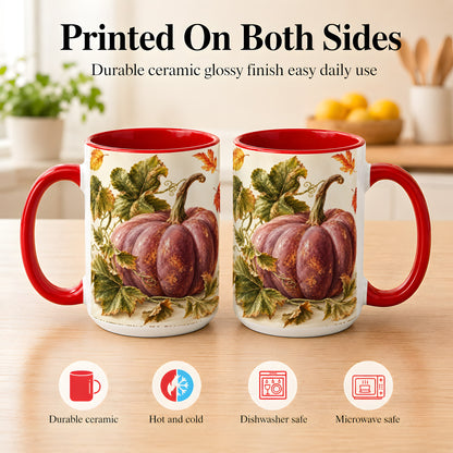 #pl[15oz|Red] Rustic Mauve Pumpkin Coffee Mug, Autumn Leaves Mug, Ceramic Cup
