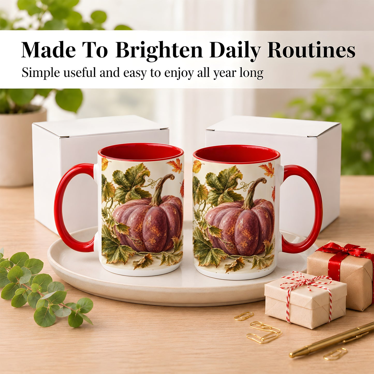 #pl[15oz|Red] Rustic Mauve Pumpkin Coffee Mug, Autumn Leaves Mug, Ceramic Cup