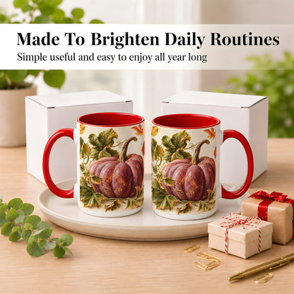 #pl[15oz|Red] Rustic Mauve Pumpkin Coffee Mug, Autumn Leaves Mug, Ceramic Cup