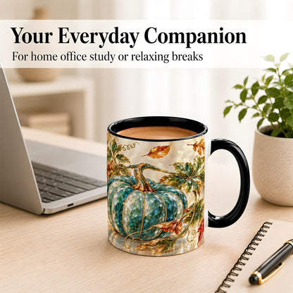 #pl[11oz|Black] Faceted Teal Pumpkin Coffee Mug, Fall Leaves Mug, Ceramic Cup
