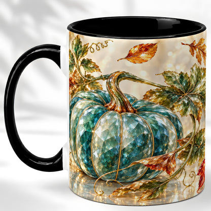 #pl[11oz|Black] Faceted Teal Pumpkin Coffee Mug, Fall Leaves Mug, Ceramic Cup