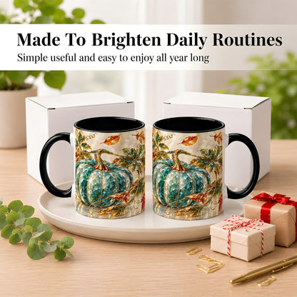 #pl[11oz|Black] Faceted Teal Pumpkin Coffee Mug, Fall Leaves Mug, Ceramic Cup