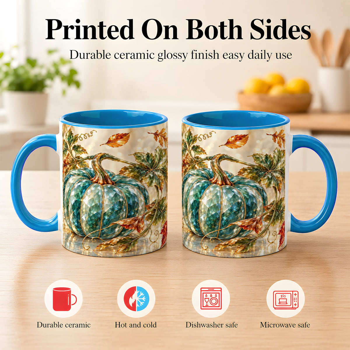#pl[11oz|Blue] Faceted Teal Pumpkin Coffee Mug, Fall Leaves Mug, Ceramic Cup