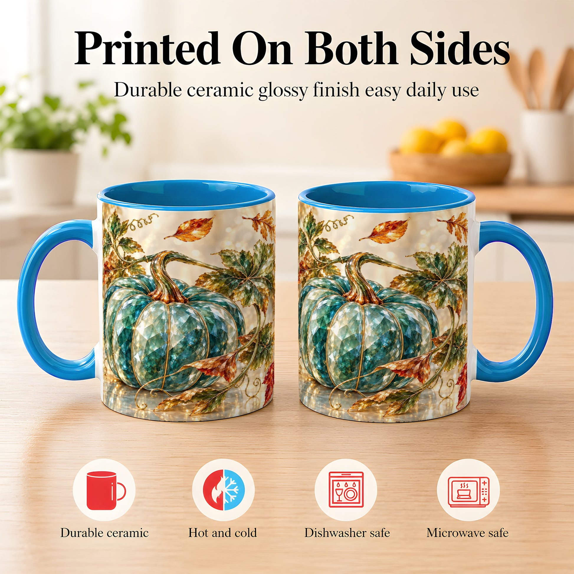 #pl[11oz|Blue] Faceted Teal Pumpkin Coffee Mug, Fall Leaves Mug, Ceramic Cup
