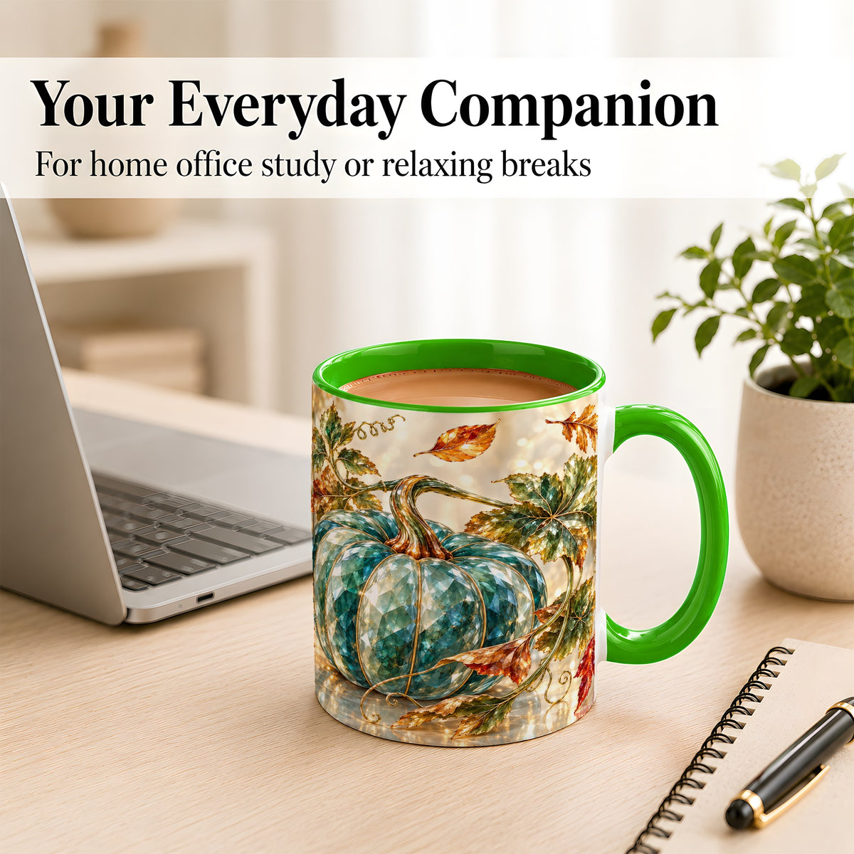 #pl[11oz|Green] Faceted Teal Pumpkin Coffee Mug, Fall Leaves Mug, Ceramic Cup