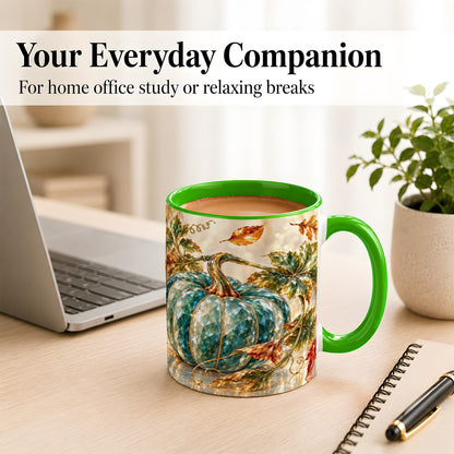 #pl[11oz|Green] Faceted Teal Pumpkin Coffee Mug, Fall Leaves Mug, Ceramic Cup