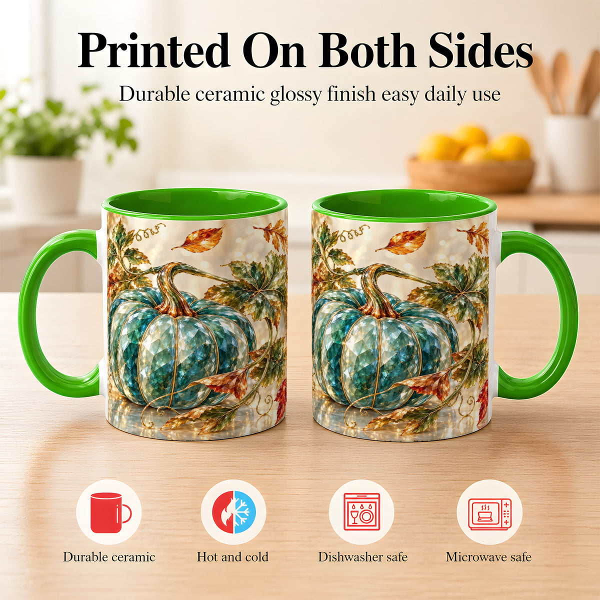#pl[11oz|Green] Faceted Teal Pumpkin Coffee Mug, Fall Leaves Mug, Ceramic Cup