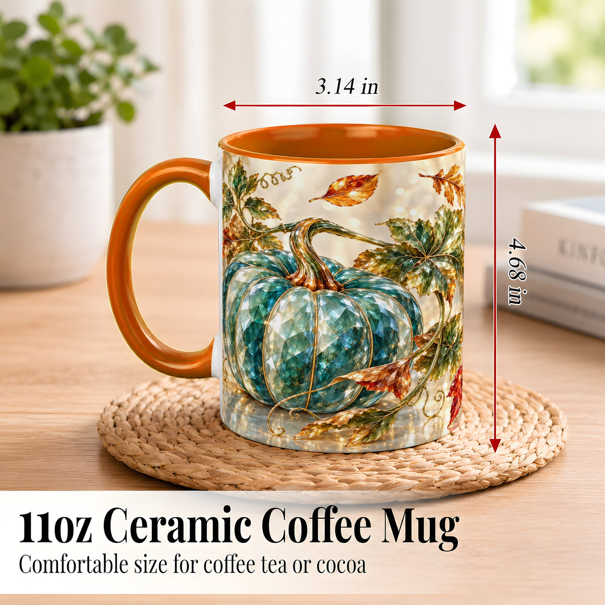 #pl[11oz|Orange] Faceted Teal Pumpkin Coffee Mug, Fall Leaves Mug, Ceramic Cup