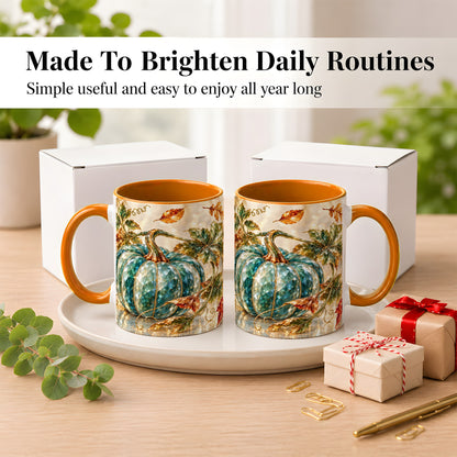 #pl[11oz|Orange] Faceted Teal Pumpkin Coffee Mug, Fall Leaves Mug, Ceramic Cup