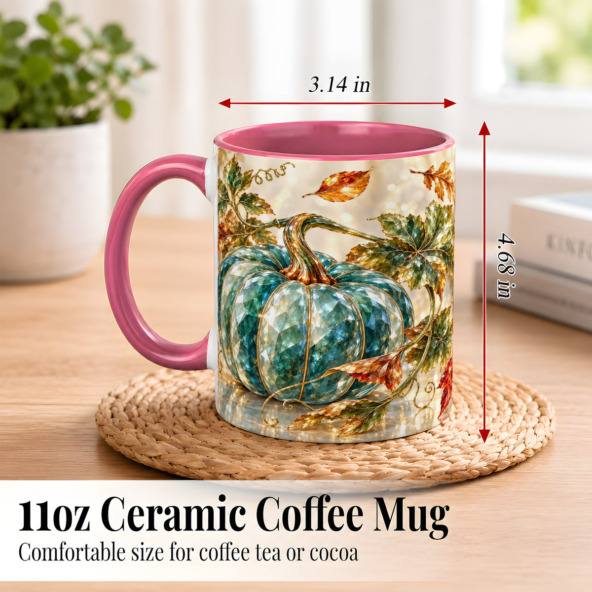 #pl[11oz|Pink] Faceted Teal Pumpkin Coffee Mug, Fall Leaves Mug, Ceramic Cup