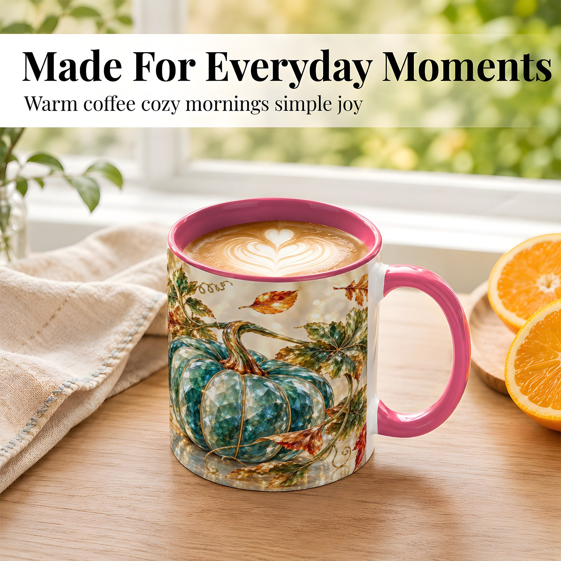 #pl[11oz|Pink] Faceted Teal Pumpkin Coffee Mug, Fall Leaves Mug, Ceramic Cup