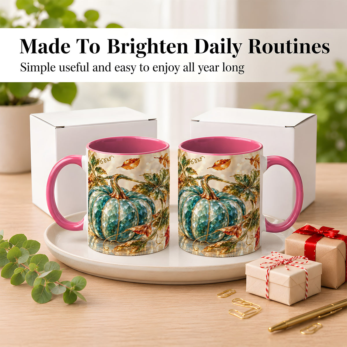 #pl[11oz|Pink] Faceted Teal Pumpkin Coffee Mug, Fall Leaves Mug, Ceramic Cup