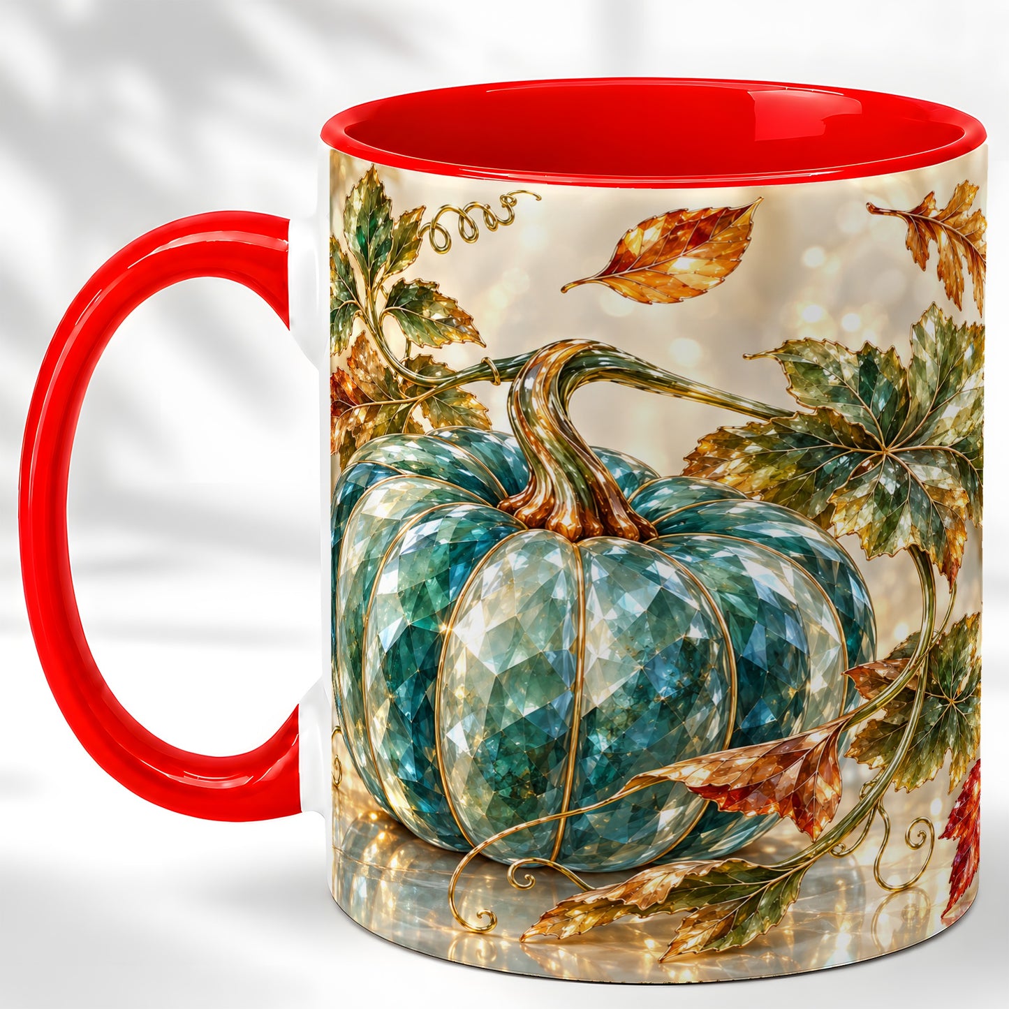 Faceted Teal Pumpkin Coffee Mug, Fall Leaves Mug, Ceramic Cup