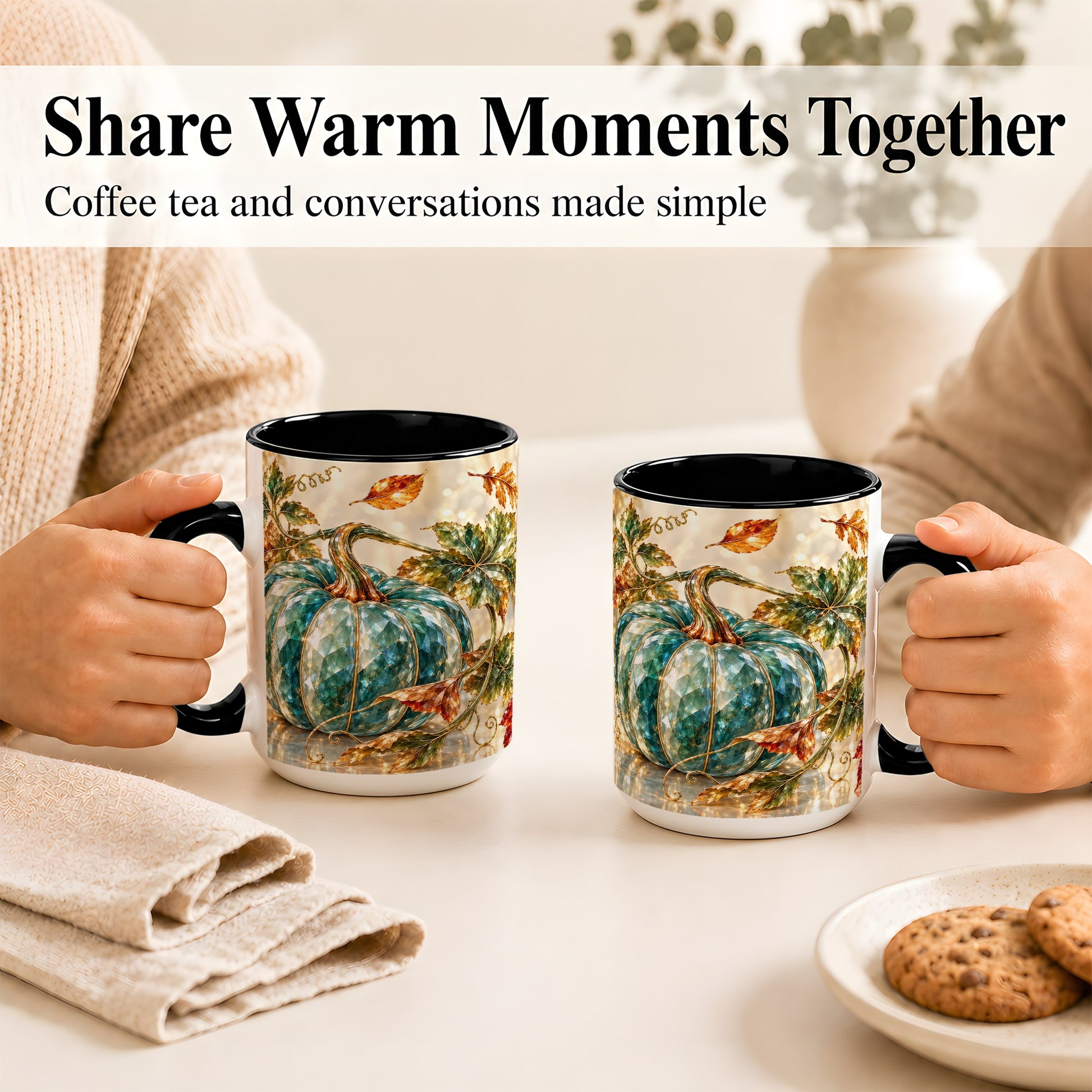 #pl[15oz|Black] Faceted Teal Pumpkin Coffee Mug, Fall Leaves Mug, Ceramic Cup