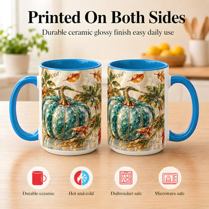 #pl[15oz|Blue] Faceted Teal Pumpkin Coffee Mug, Fall Leaves Mug, Ceramic Cup