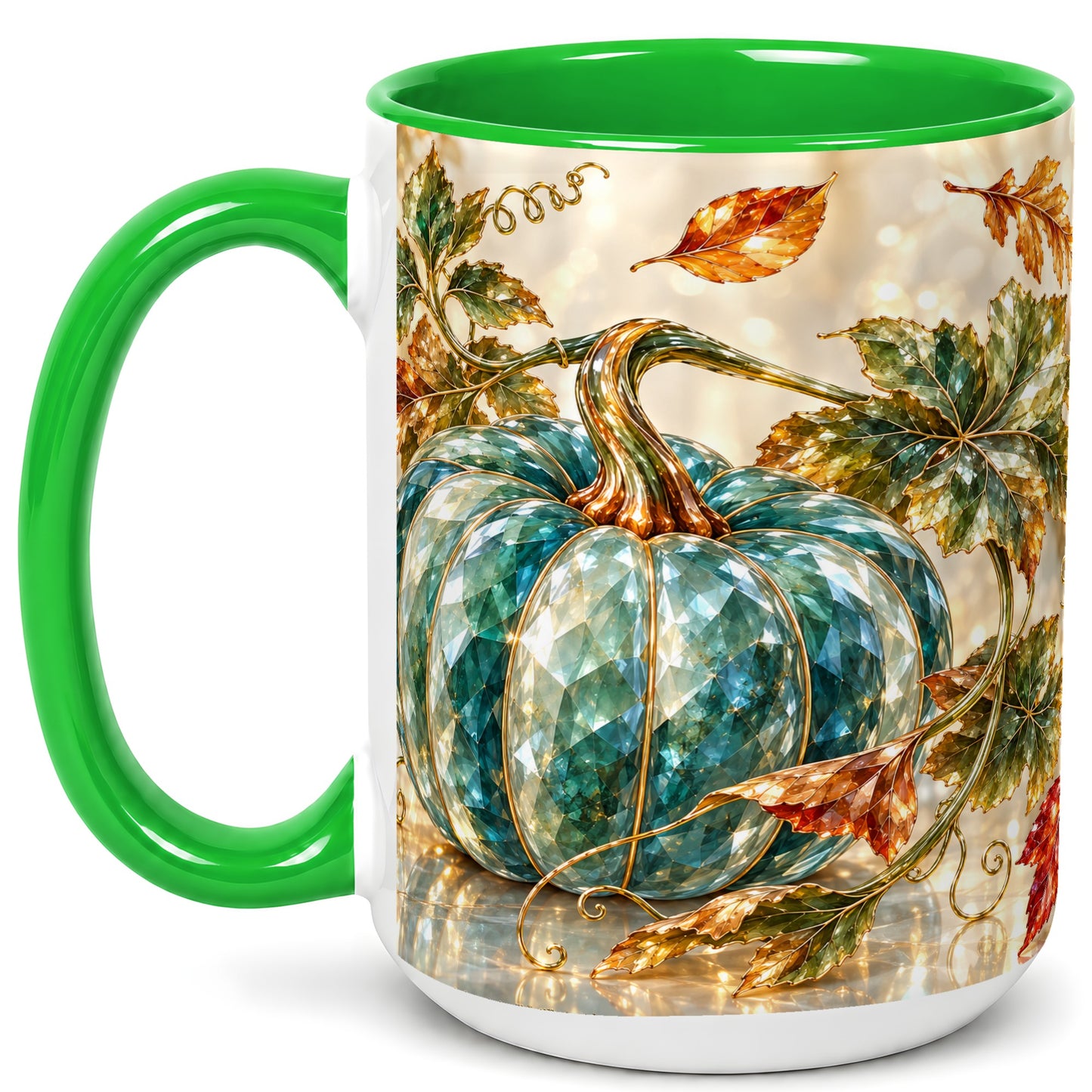 #pl[15oz|Green] Faceted Teal Pumpkin Coffee Mug, Fall Leaves Mug, Ceramic Cup