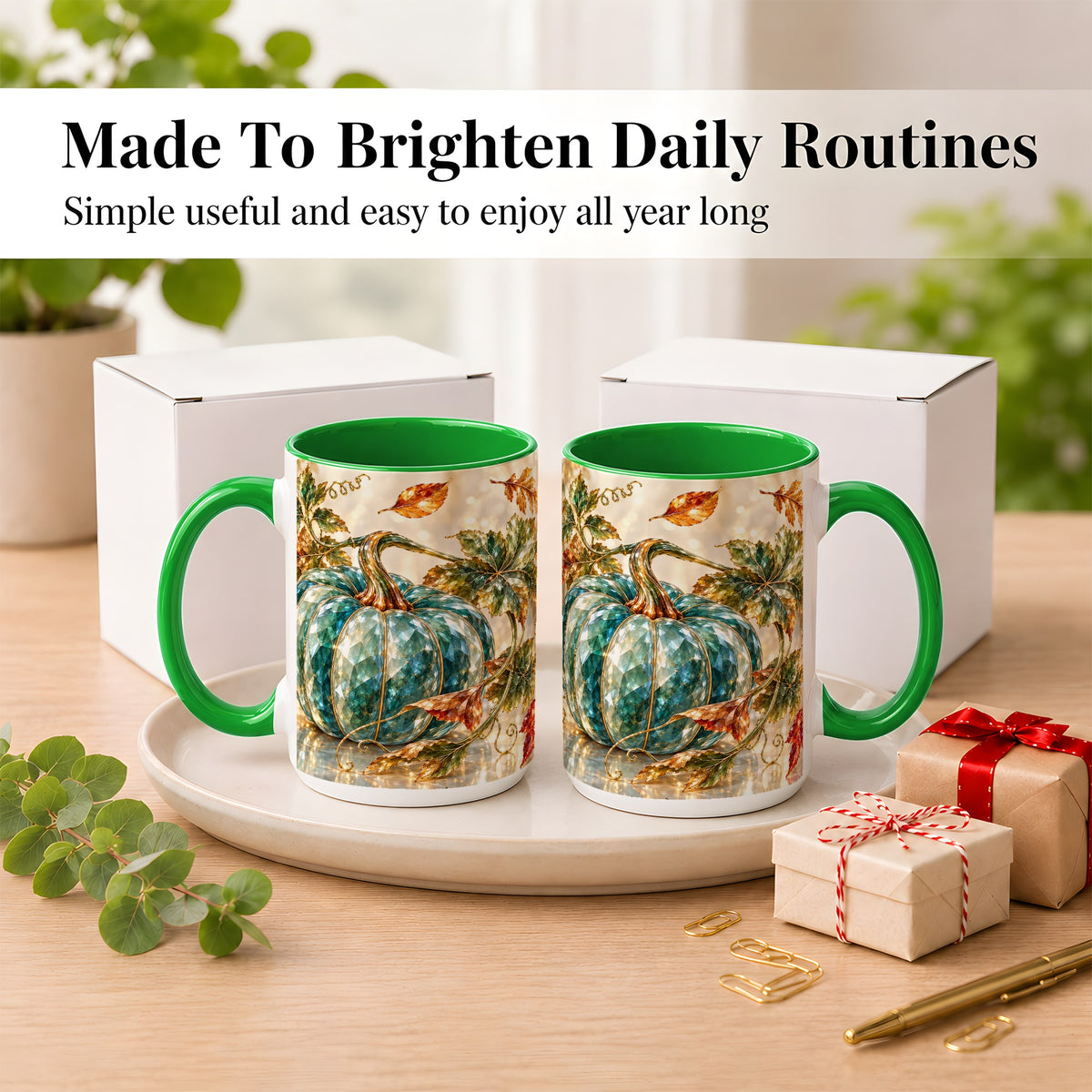 #pl[15oz|Green] Faceted Teal Pumpkin Coffee Mug, Fall Leaves Mug, Ceramic Cup
