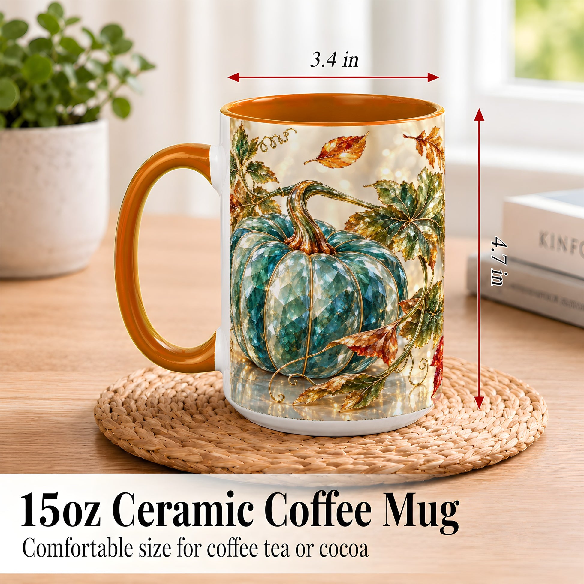 #pl[15oz|Orange] Faceted Teal Pumpkin Coffee Mug, Fall Leaves Mug, Ceramic Cup