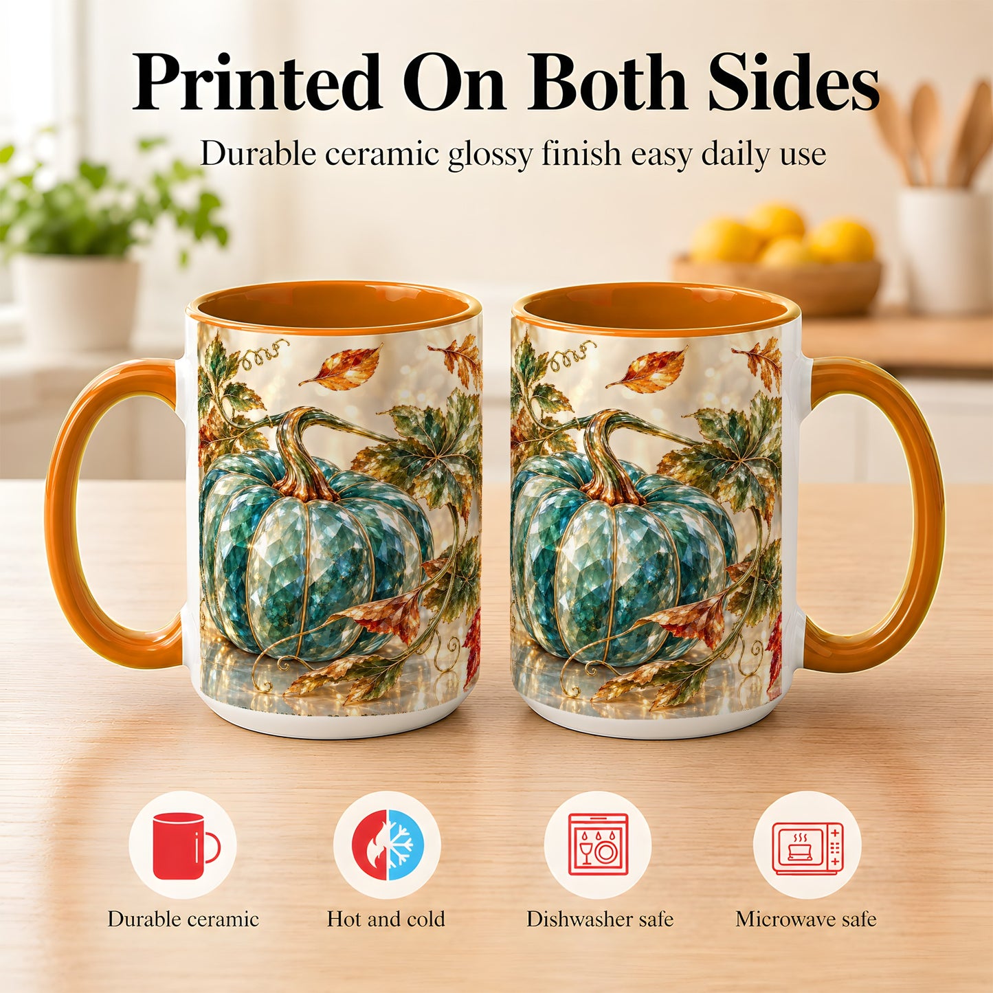 #pl[15oz|Orange] Faceted Teal Pumpkin Coffee Mug, Fall Leaves Mug, Ceramic Cup
