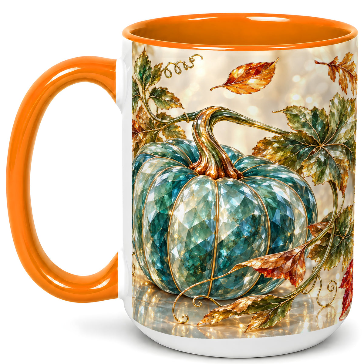 #pl[15oz|Orange] Faceted Teal Pumpkin Coffee Mug, Fall Leaves Mug, Ceramic Cup