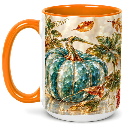 #pl[15oz|Orange] Faceted Teal Pumpkin Coffee Mug, Fall Leaves Mug, Ceramic Cup
