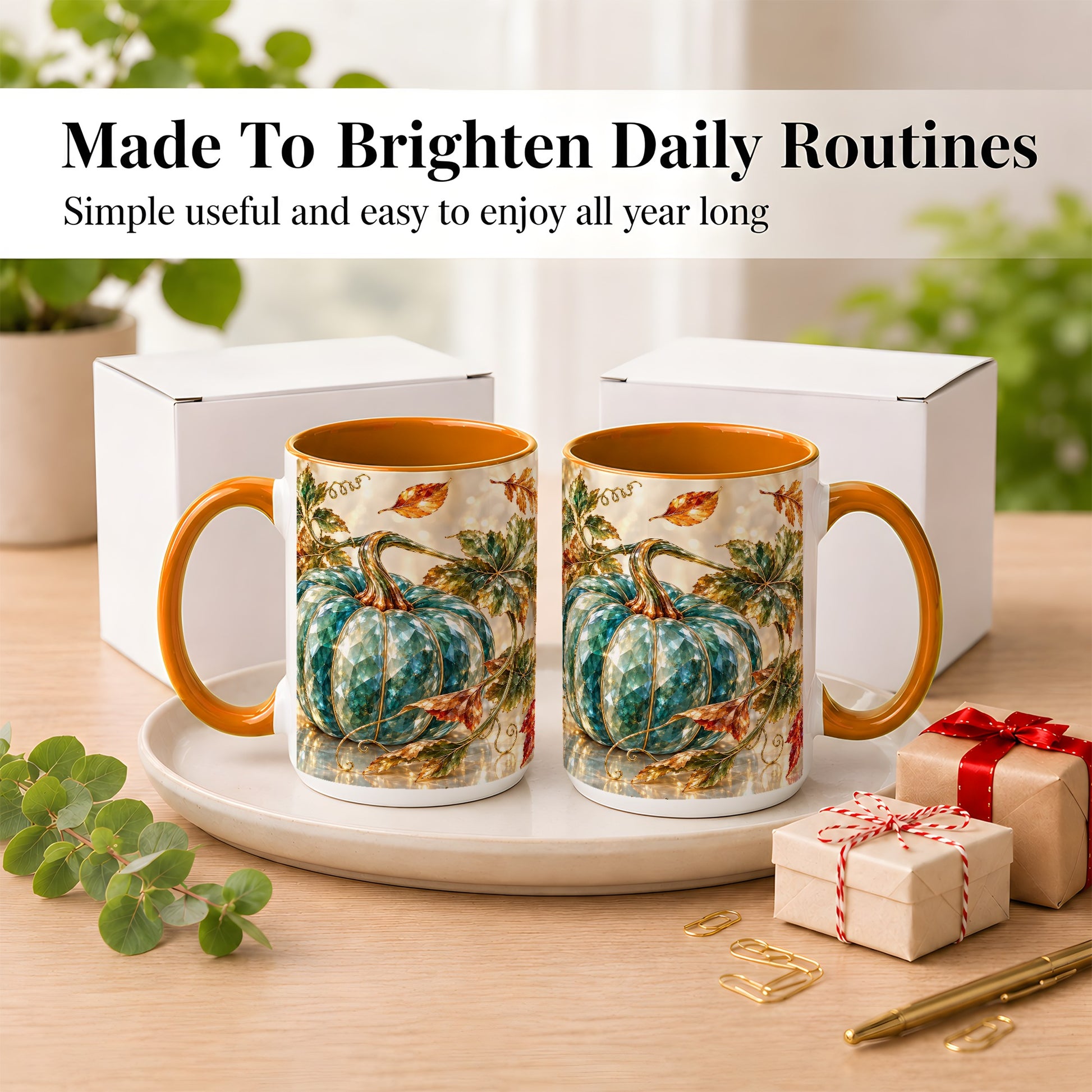 #pl[15oz|Orange] Faceted Teal Pumpkin Coffee Mug, Fall Leaves Mug, Ceramic Cup