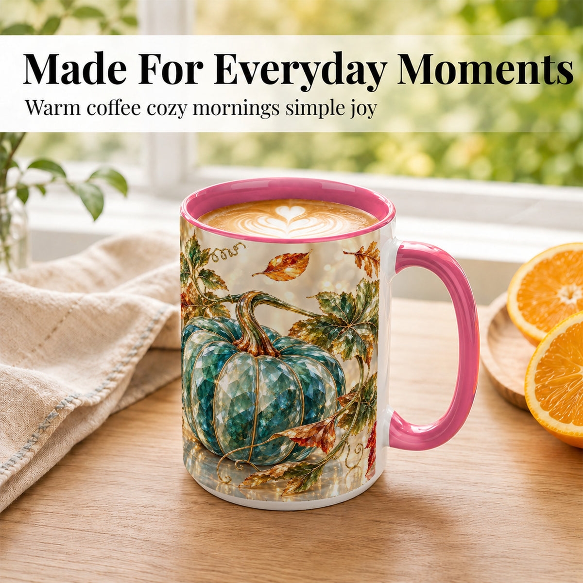 #pl[15oz|Pink] Faceted Teal Pumpkin Coffee Mug, Fall Leaves Mug, Ceramic Cup