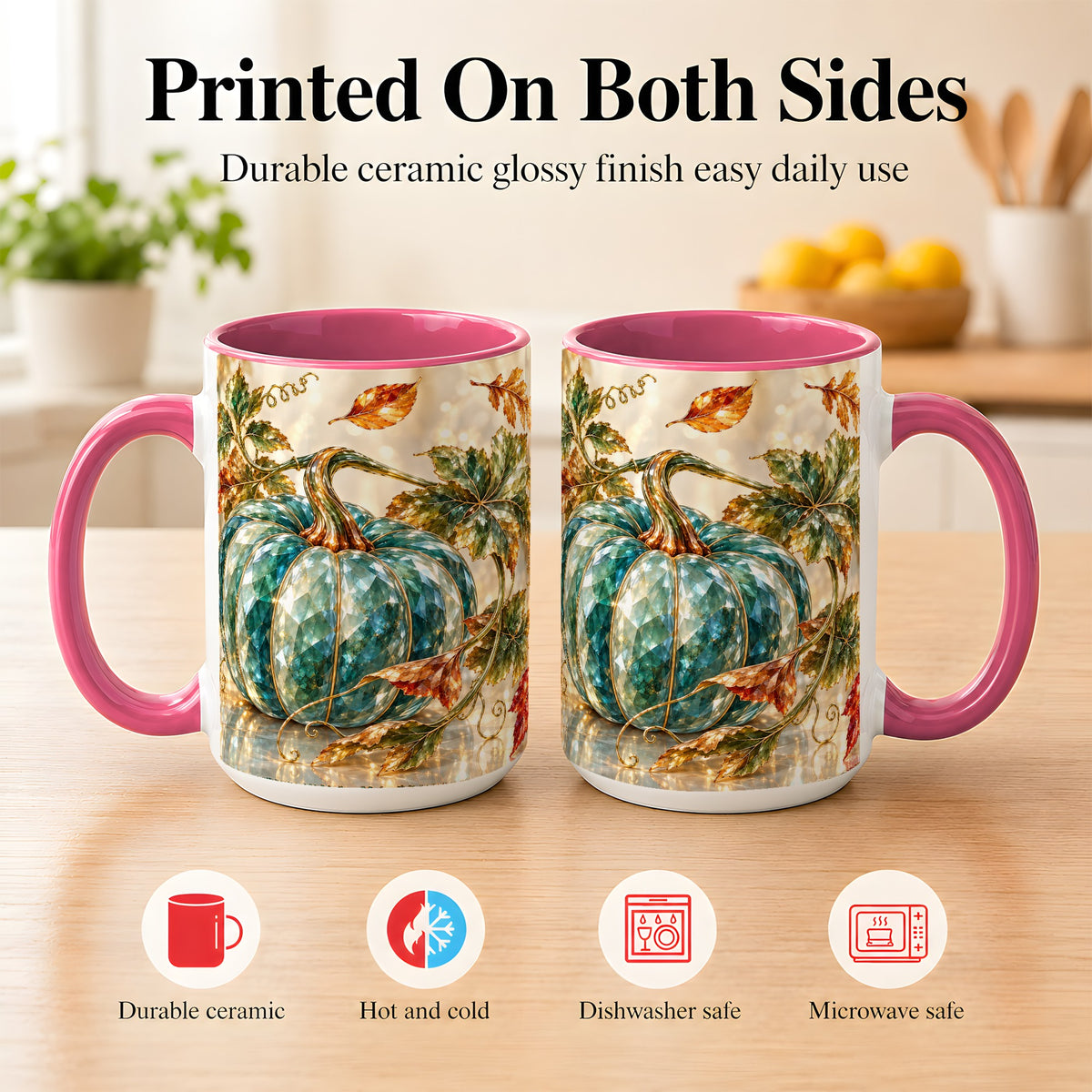 #pl[15oz|Pink] Faceted Teal Pumpkin Coffee Mug, Fall Leaves Mug, Ceramic Cup