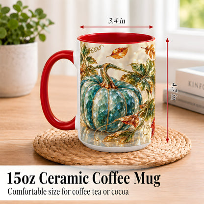 #pl[15oz|Red] Faceted Teal Pumpkin Coffee Mug, Fall Leaves Mug, Ceramic Cup