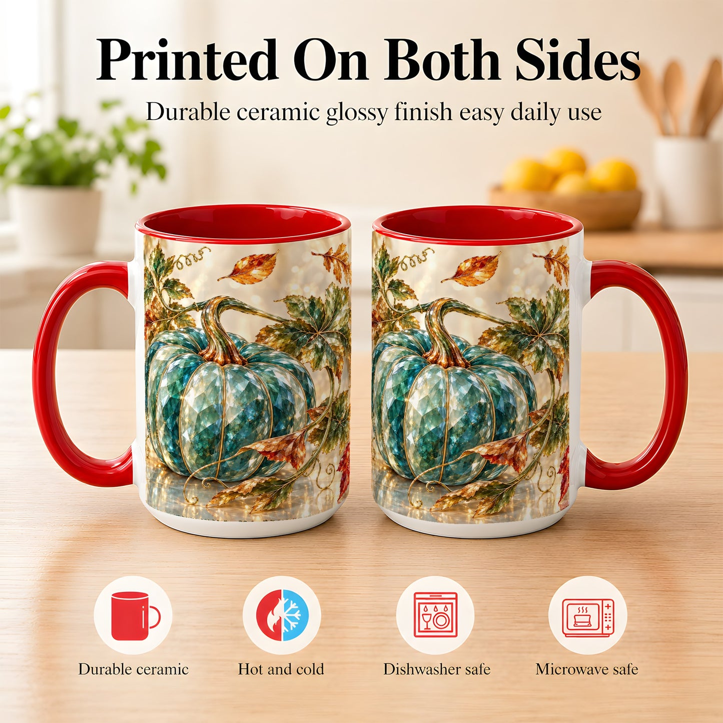 #pl[15oz|Red] Faceted Teal Pumpkin Coffee Mug, Fall Leaves Mug, Ceramic Cup
