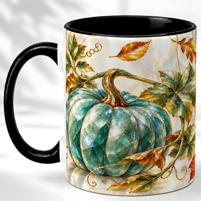 #pl[11oz|Black] Geometric Teal Pumpkin Coffee Mug, Fall Leaves Mug, Ceramic Cup