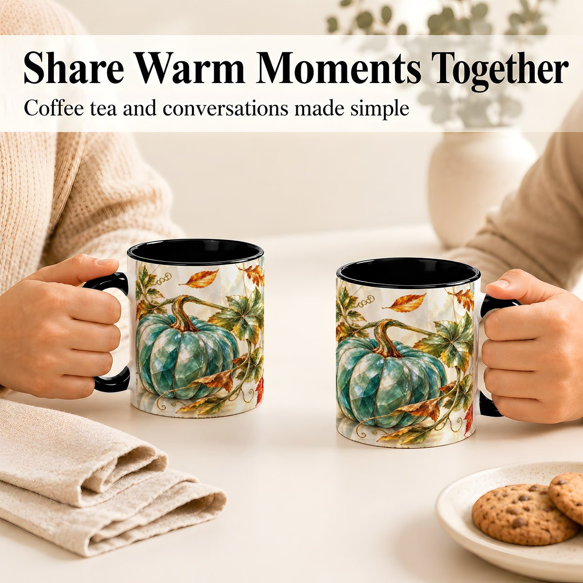 #pl[11oz|Black] Geometric Teal Pumpkin Coffee Mug, Fall Leaves Mug, Ceramic Cup