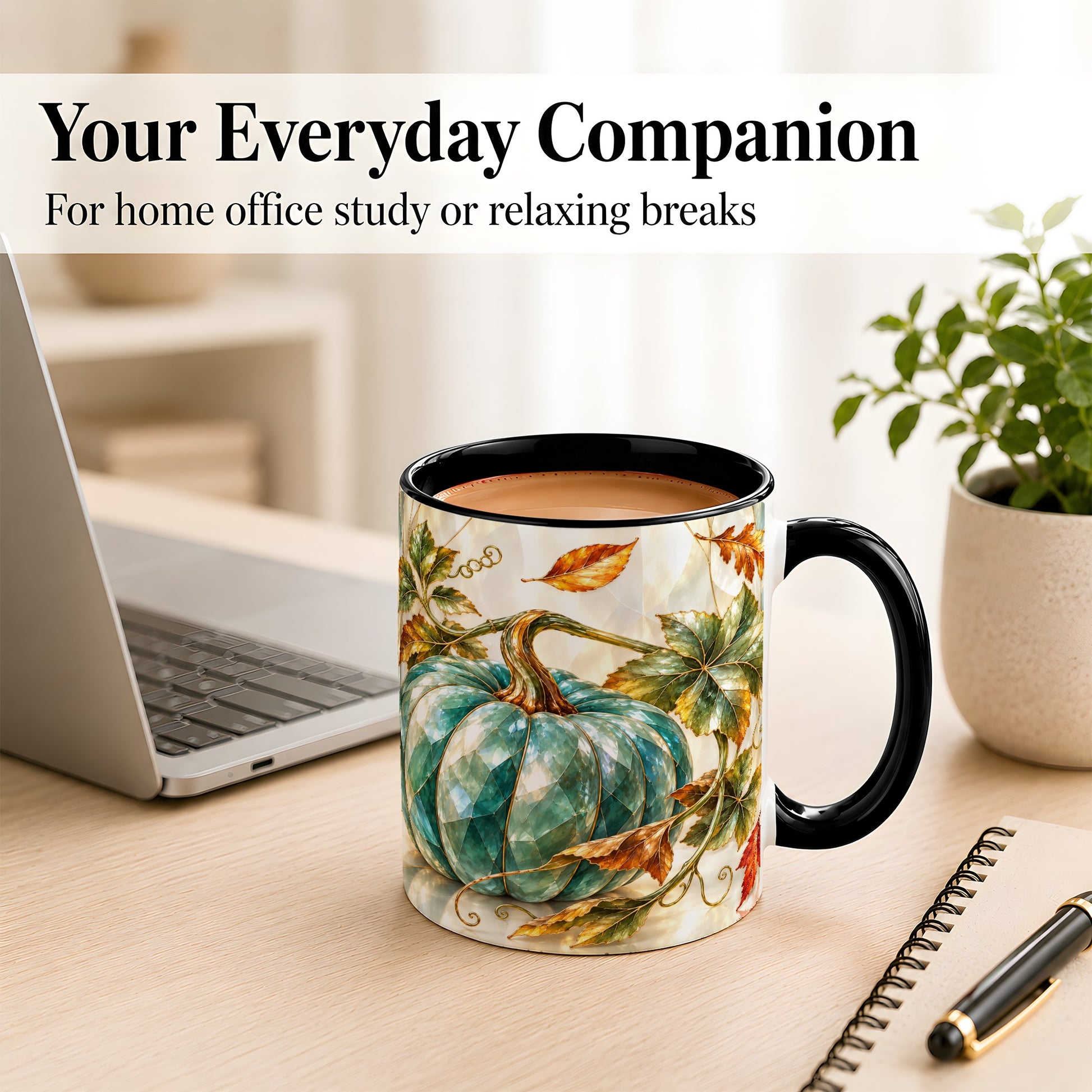 #pl[11oz|Black] Geometric Teal Pumpkin Coffee Mug, Fall Leaves Mug, Ceramic Cup