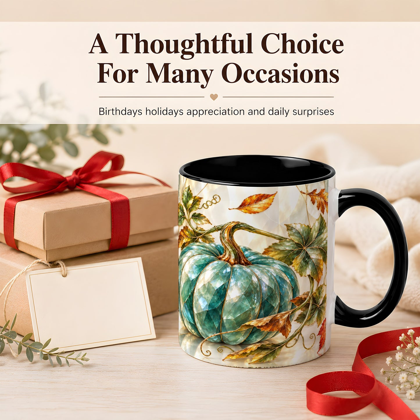 #pl[11oz|Black] Geometric Teal Pumpkin Coffee Mug, Fall Leaves Mug, Ceramic Cup