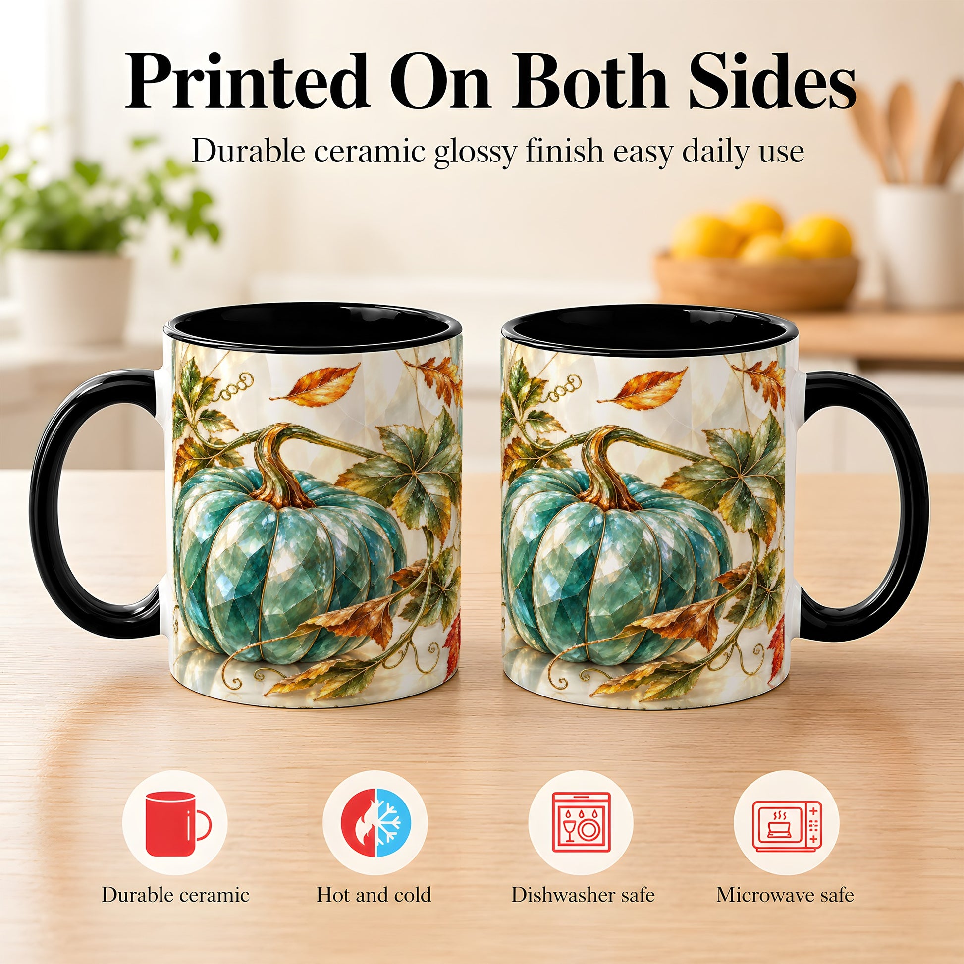 #pl[11oz|Black] Geometric Teal Pumpkin Coffee Mug, Fall Leaves Mug, Ceramic Cup