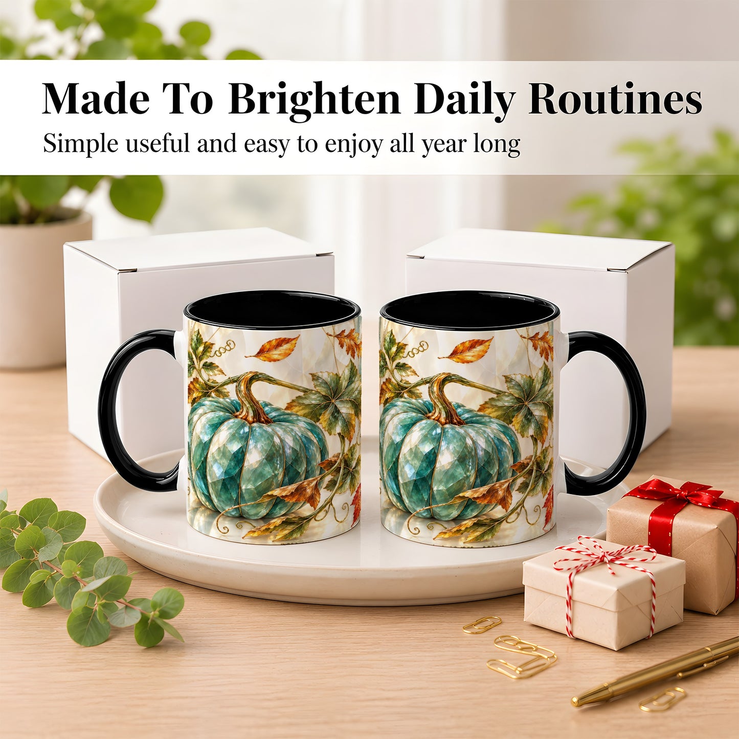 #pl[11oz|Black] Geometric Teal Pumpkin Coffee Mug, Fall Leaves Mug, Ceramic Cup