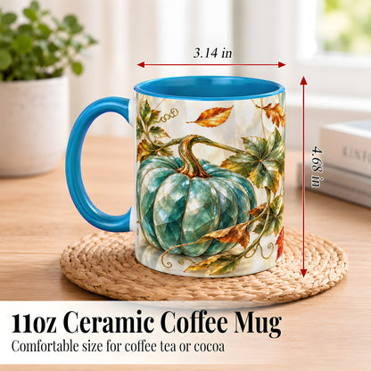 #pl[11oz|Blue] Geometric Teal Pumpkin Coffee Mug, Fall Leaves Mug, Ceramic Cup