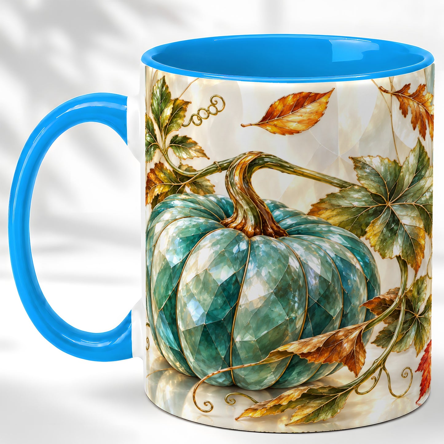 #pl[11oz|Blue] Geometric Teal Pumpkin Coffee Mug, Fall Leaves Mug, Ceramic Cup