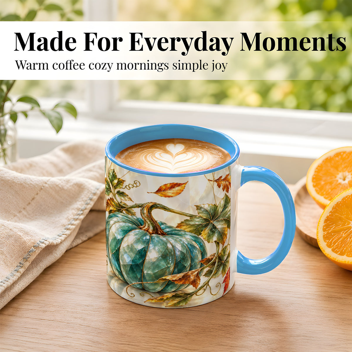 #pl[11oz|Blue] Geometric Teal Pumpkin Coffee Mug, Fall Leaves Mug, Ceramic Cup