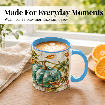 #pl[11oz|Blue] Geometric Teal Pumpkin Coffee Mug, Fall Leaves Mug, Ceramic Cup