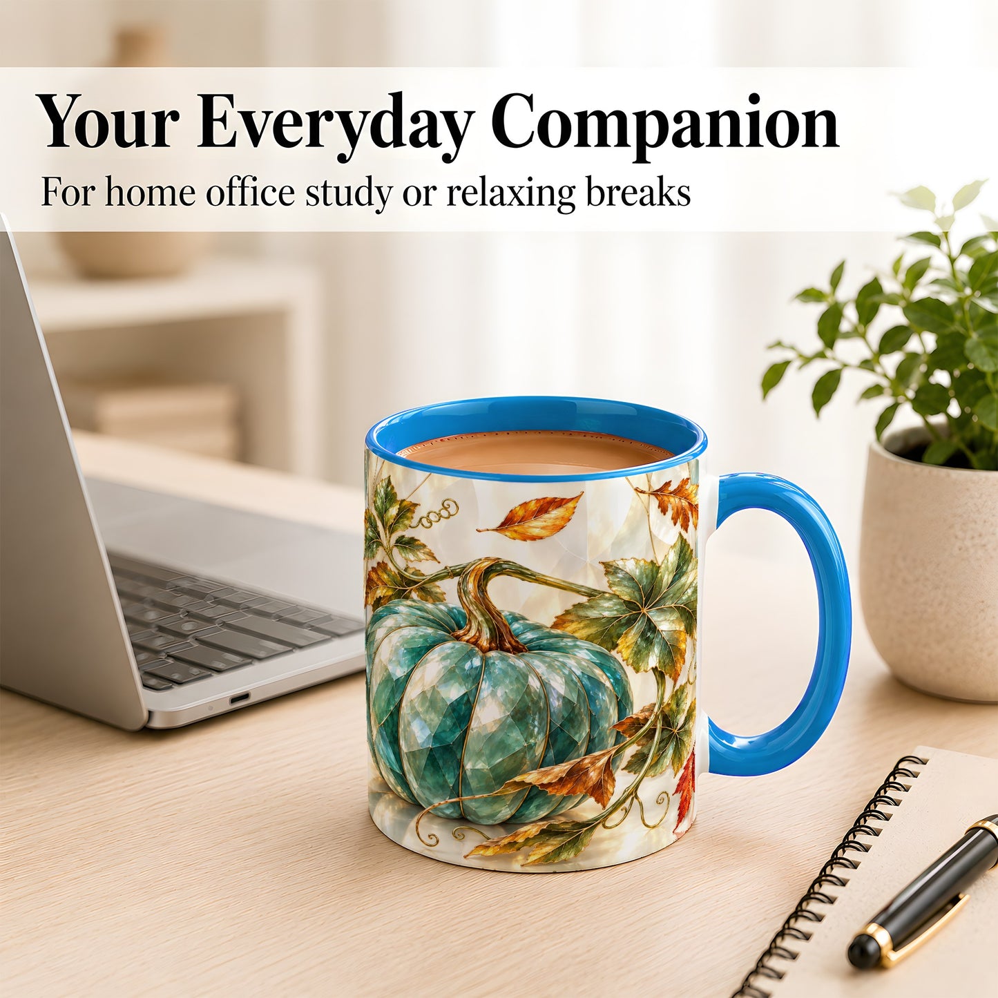 #pl[11oz|Blue] Geometric Teal Pumpkin Coffee Mug, Fall Leaves Mug, Ceramic Cup