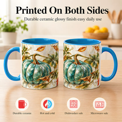 #pl[11oz|Blue] Geometric Teal Pumpkin Coffee Mug, Fall Leaves Mug, Ceramic Cup