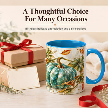 #pl[11oz|Blue] Geometric Teal Pumpkin Coffee Mug, Fall Leaves Mug, Ceramic Cup