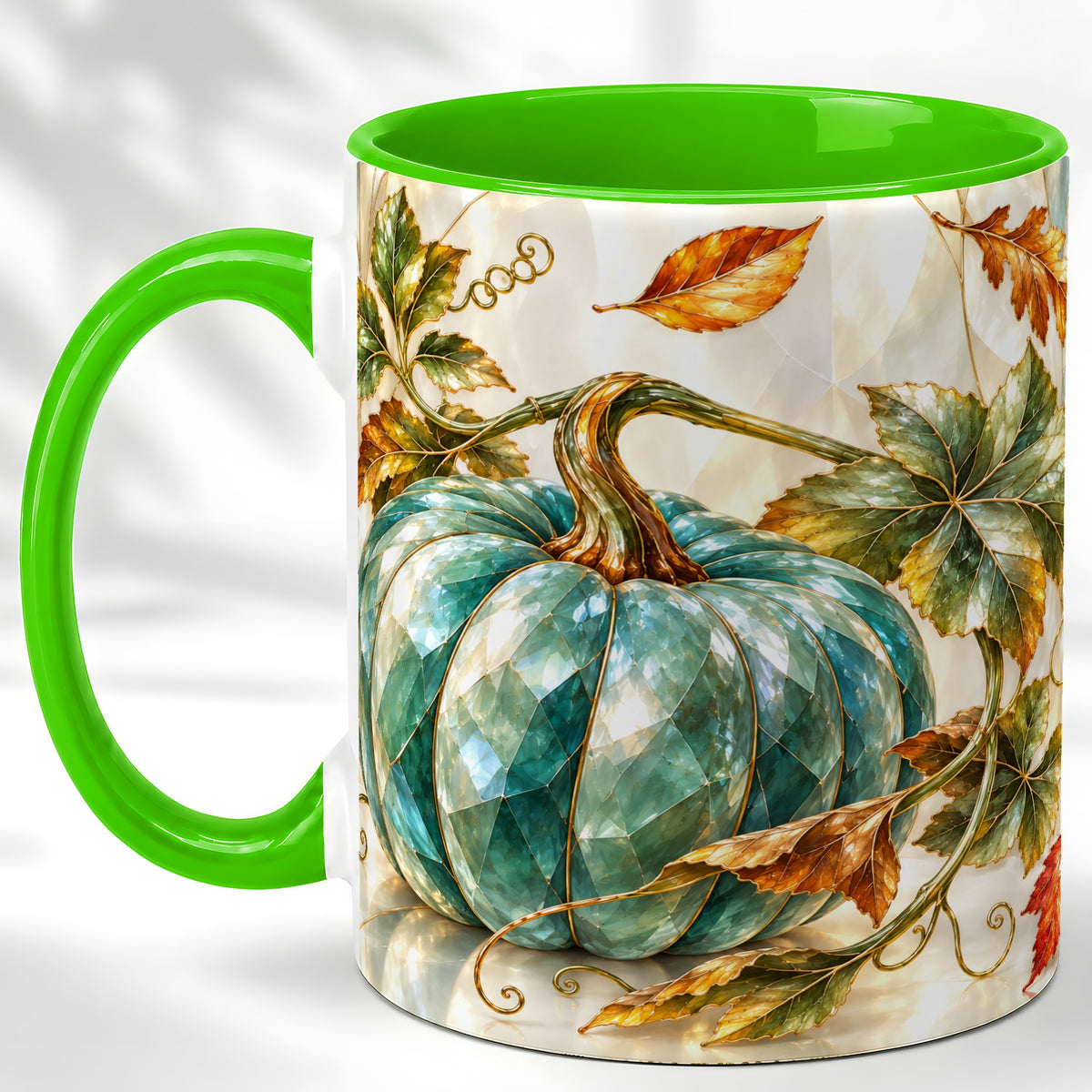 #pl[11oz|Green] Geometric Teal Pumpkin Coffee Mug, Fall Leaves Mug, Ceramic Cup