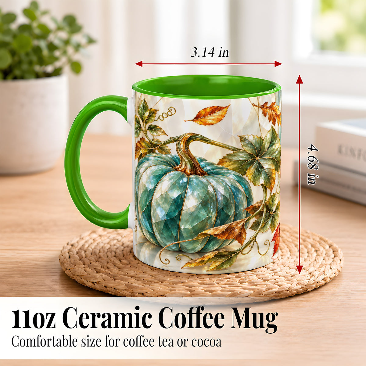 #pl[11oz|Green] Geometric Teal Pumpkin Coffee Mug, Fall Leaves Mug, Ceramic Cup