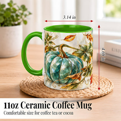 #pl[11oz|Green] Geometric Teal Pumpkin Coffee Mug, Fall Leaves Mug, Ceramic Cup